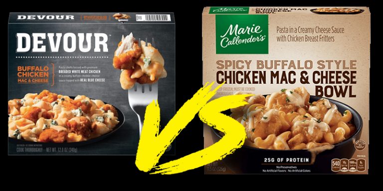 DEVOUR Buffalo Chicken Mac & Cheese VS. Marie Callender’s Spicy Buffalo Chicken Mac & Cheese: Food Comparison and Review