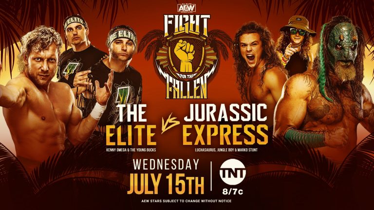 Kenny Omega & The Young Bucks VS Jurassic Express – Six Man Tag Match: AEW Fight for the Fallen (7/15) – Pro Wrestling Preview